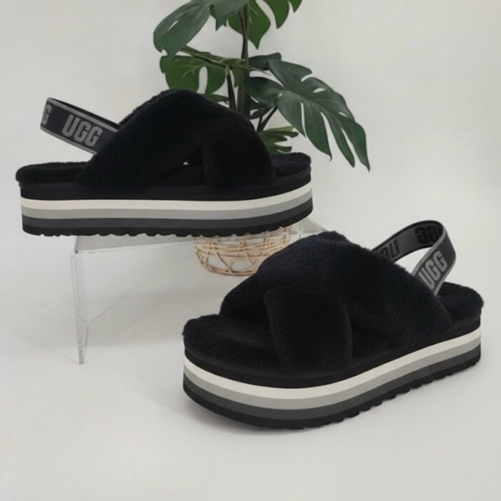 UGG Women's Black Fluffy Platform Sandals